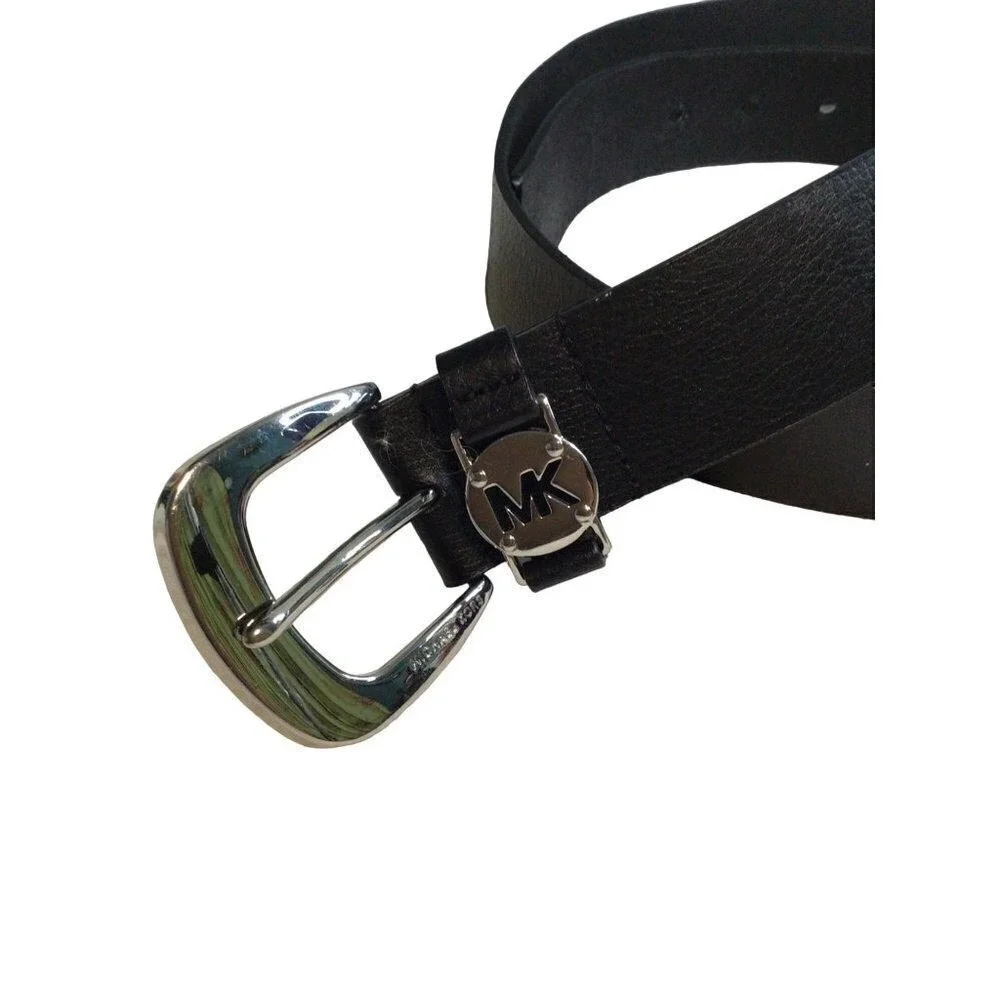Michael Kors Black Pebbled Leather Belt Silver MK‎ Logo Horseshoe Buckle Mens